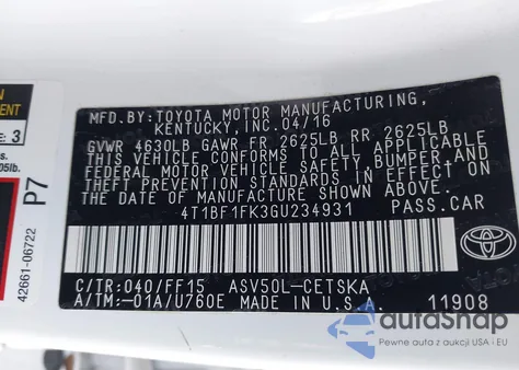 2016 Toyota Camry Se из США, поврежденный, VIN 4T1BF1FK3GU234931